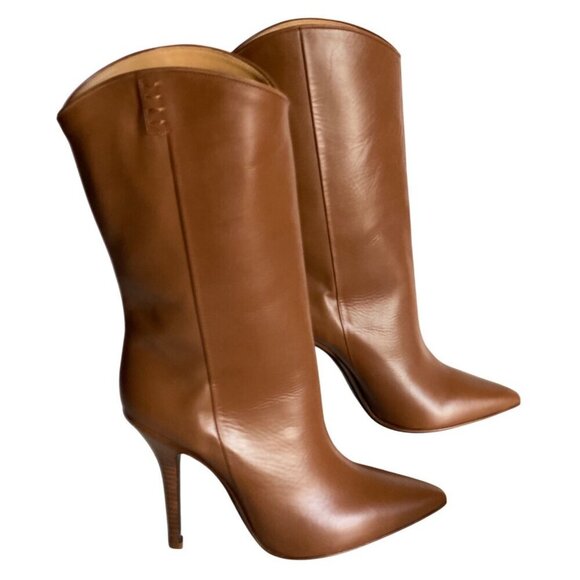 Lucchese Clarissa Western Dress Boot Sz 6.5 Luggage Leather Pointed Toe Mid Calf - Picture 13 of 16